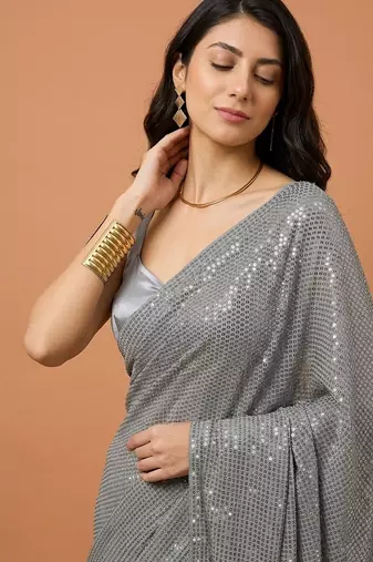 Embellished sequinned  heavy work georgette saree with unstitched blouse