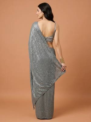 Embellished sequinned  heavy work georgette saree with unstitched blouse 3