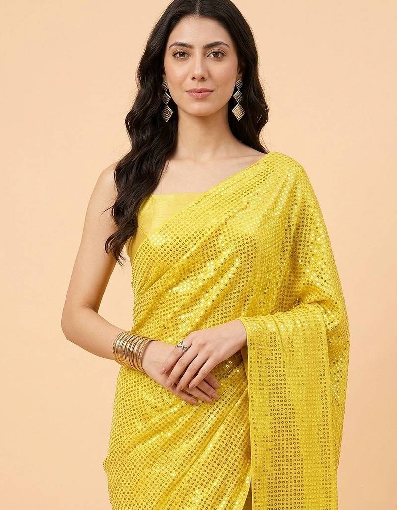 Embellished sequinned  heavy work georgette saree with unstitched blouse