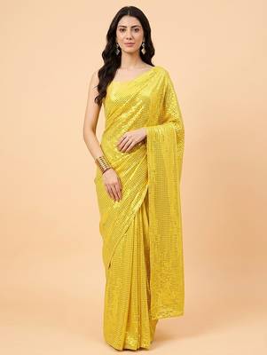 Embellished sequinned  heavy work georgette saree with unstitched blouse 4