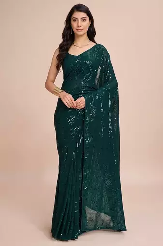 Embellished sequinned  heavy work georgette saree with unstitched blouse