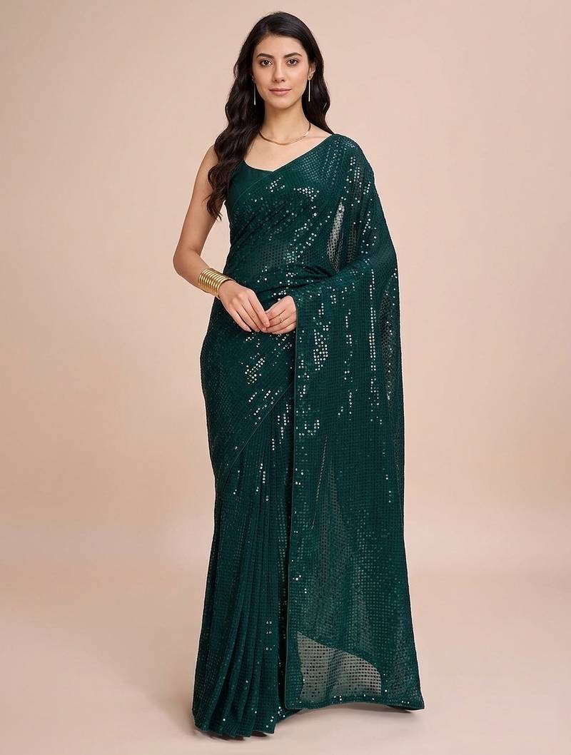 Embellished sequinned  heavy work georgette saree with unstitched blouse