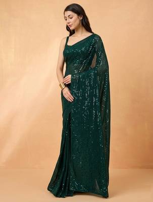 Embellished sequinned  heavy work georgette saree with unstitched blouse 2
