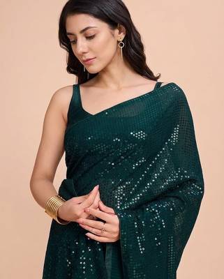 Embellished sequinned  heavy work georgette saree with unstitched blouse 3