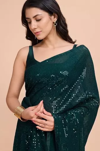 Embellished sequinned  heavy work georgette saree with unstitched blouse