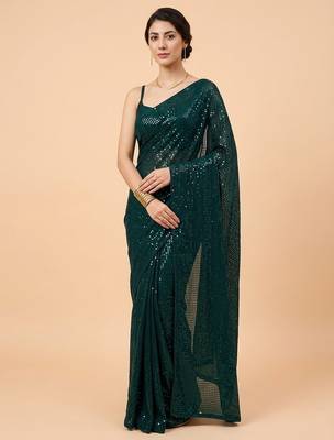 Embellished sequinned  heavy work georgette saree with unstitched blouse 4