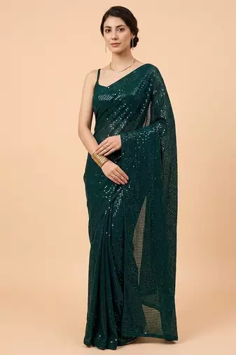 Embellished sequinned  heavy work georgette saree with unstitched blouse