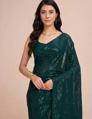 Embellished sequinned  heavy work georgette saree with unstitched blouse 5
