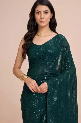 Embellished sequinned  heavy work georgette saree with unstitched blouse
