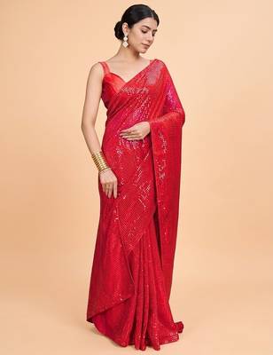 Embellished sequinned  heavy work georgette saree with unstitched blouse 1