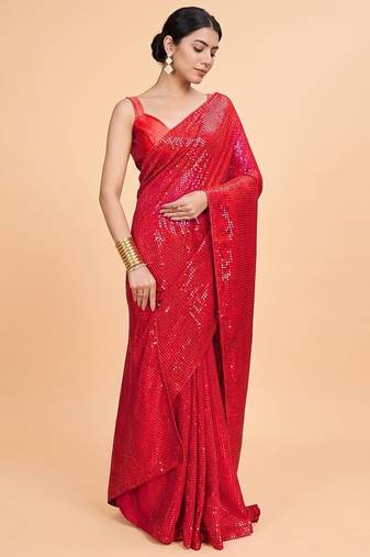 Embellished sequinned  heavy work georgette saree with unstitched blouse