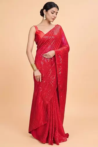 Embellished sequinned  heavy work georgette saree with unstitched blouse