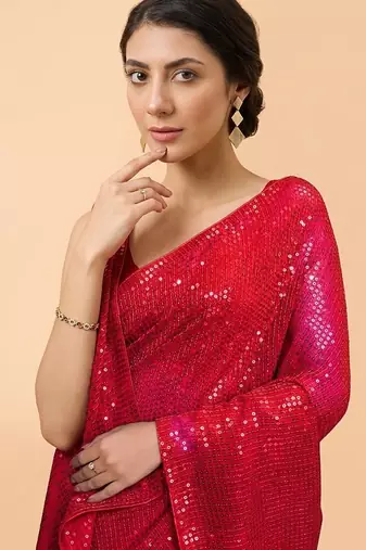 Embellished sequinned  heavy work georgette saree with unstitched blouse
