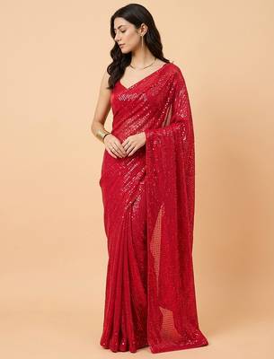 Embellished sequinned  heavy work georgette saree with unstitched blouse 4