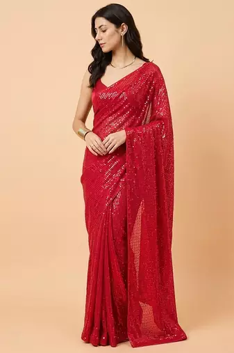 Embellished sequinned  heavy work georgette saree with unstitched blouse
