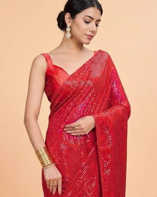 Embellished sequinned  heavy work georgette saree with unstitched blouse 5