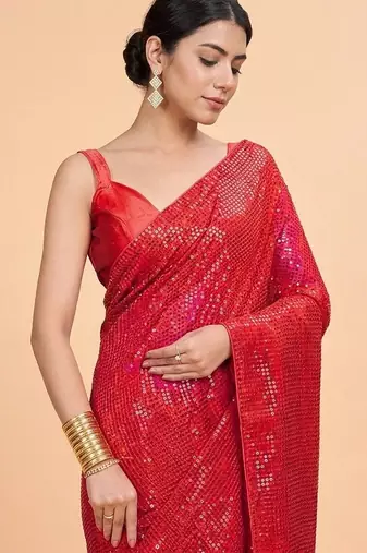 Embellished sequinned  heavy work georgette saree with unstitched blouse