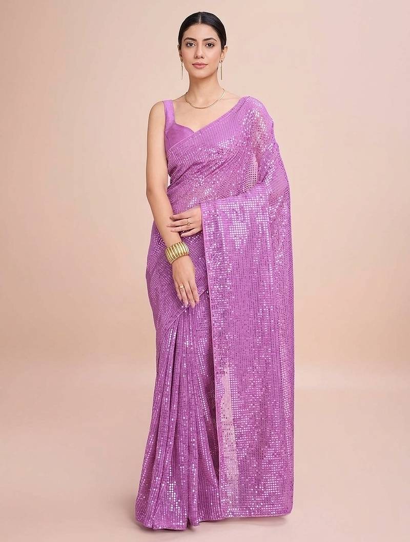 Embellished sequinned  heavy work georgette saree with unstitched blouse