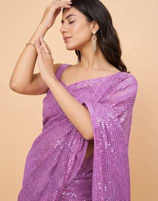 Embellished sequinned  heavy work georgette saree with unstitched blouse 4