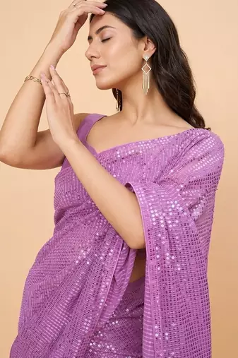 Embellished sequinned  heavy work georgette saree with unstitched blouse