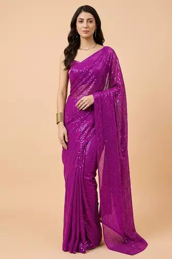 Embellished sequinned  heavy work georgette saree with unstitched blouse