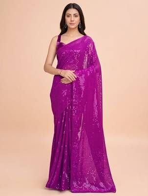 Embellished sequinned  heavy work georgette saree with unstitched blouse 4