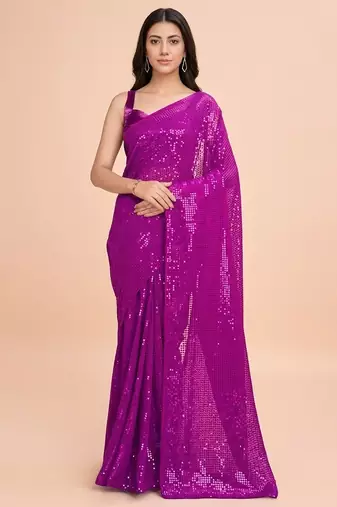 Embellished sequinned  heavy work georgette saree with unstitched blouse