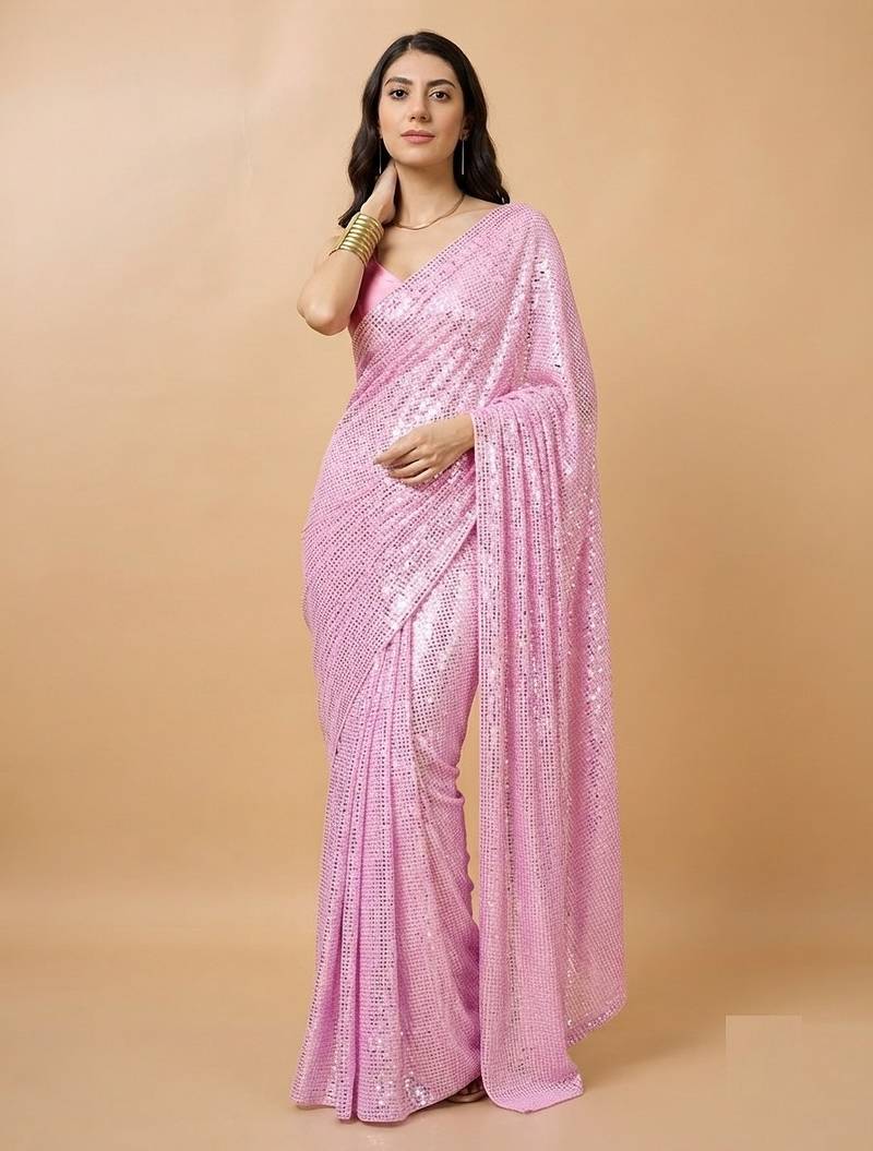 Embellished sequinned  heavy work georgette saree with unstitched blouse