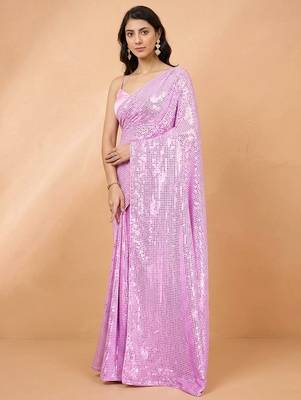 Embellished sequinned  heavy work georgette saree with unstitched blouse 5
