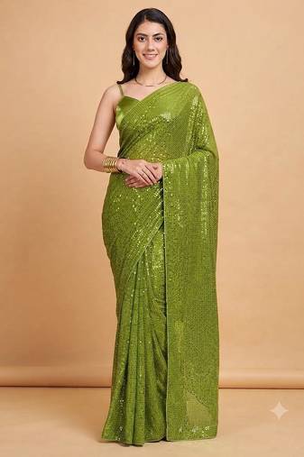 Embellished sequinned  heavy work georgette saree with unstitched blouse