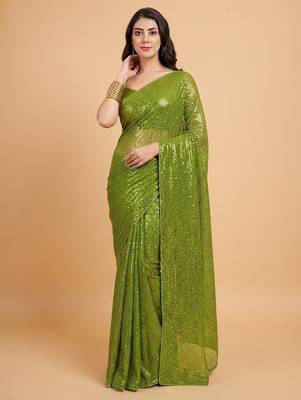 Embellished sequinned  heavy work georgette saree with unstitched blouse 3