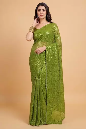 Embellished sequinned  heavy work georgette saree with unstitched blouse
