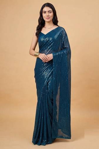 Embellished sequinned  heavy work georgette saree with unstitched blouse