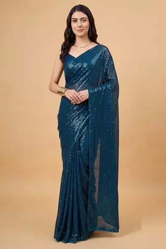 Embellished sequinned  heavy work georgette saree with unstitched blouse