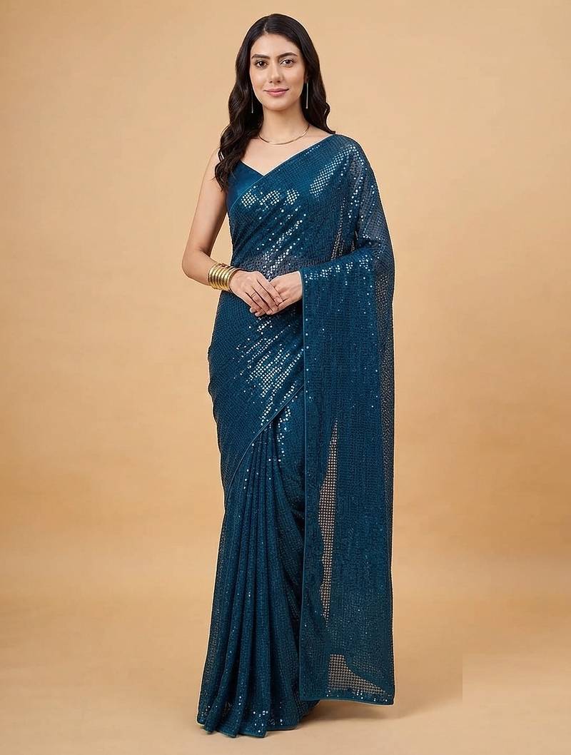 Embellished sequinned  heavy work georgette saree with unstitched blouse