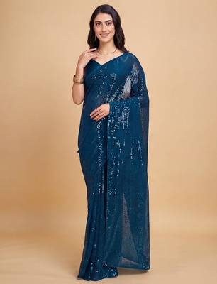 Embellished sequinned  heavy work georgette saree with unstitched blouse 2