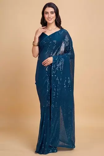 Embellished sequinned  heavy work georgette saree with unstitched blouse