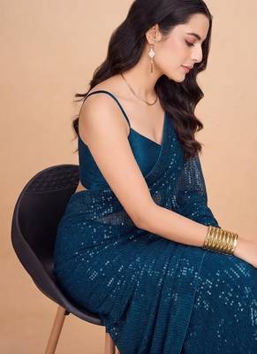 Embellished sequinned  heavy work georgette saree with unstitched blouse 3