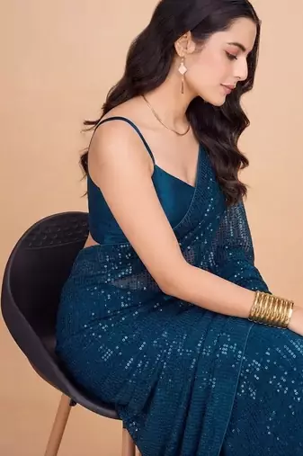 Embellished sequinned  heavy work georgette saree with unstitched blouse