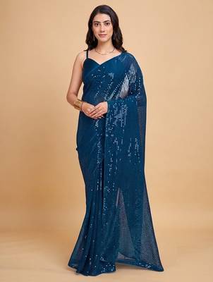 Embellished sequinned  heavy work georgette saree with unstitched blouse 4