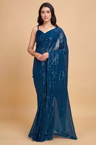Embellished sequinned  heavy work georgette saree with unstitched blouse