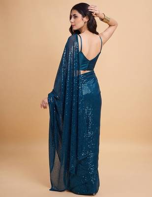 Embellished sequinned  heavy work georgette saree with unstitched blouse 5