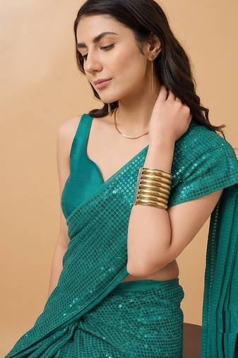 Embellished sequinned  heavy work georgette saree with unstitched blouse