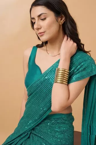 Embellished sequinned  heavy work georgette saree with unstitched blouse