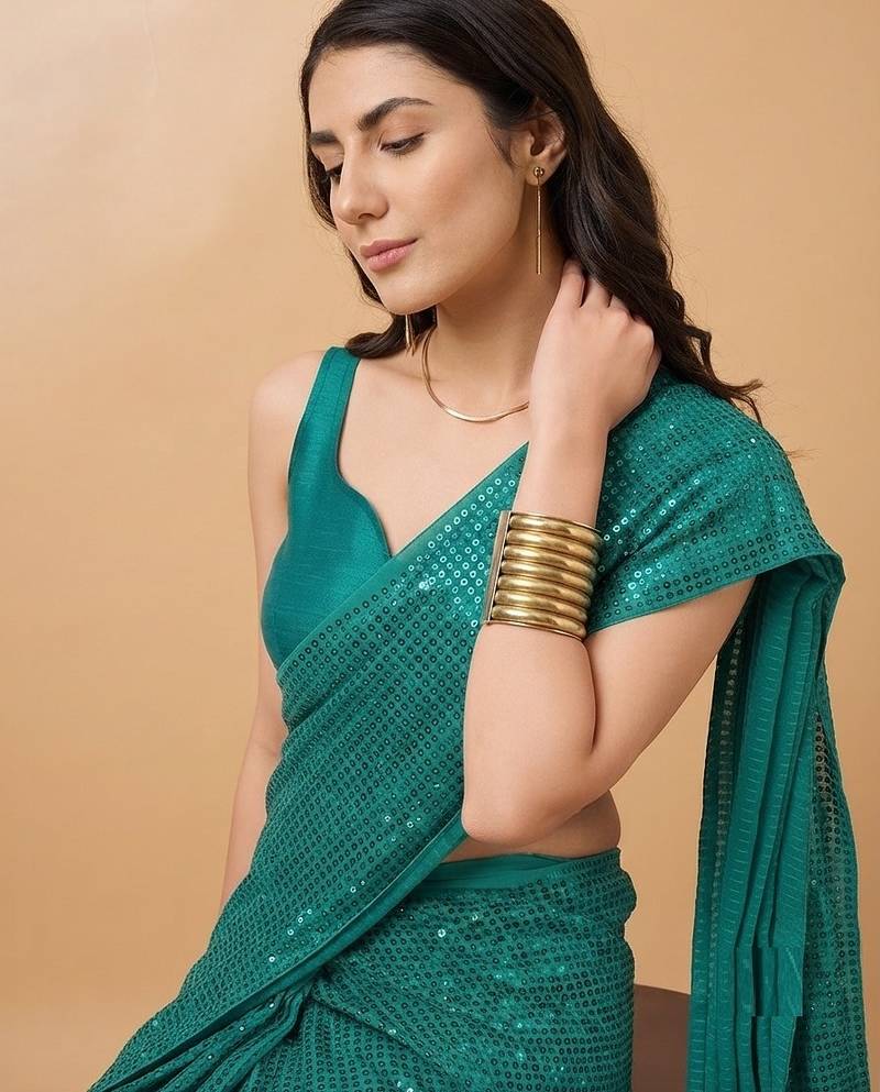 Embellished sequinned  heavy work georgette saree with unstitched blouse