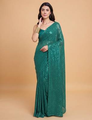 Embellished sequinned  heavy work georgette saree with unstitched blouse 2