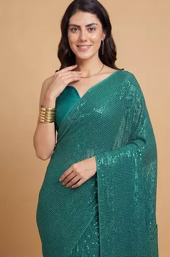 Embellished sequinned  heavy work georgette saree with unstitched blouse