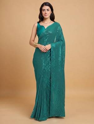 Embellished sequinned  heavy work georgette saree with unstitched blouse 4