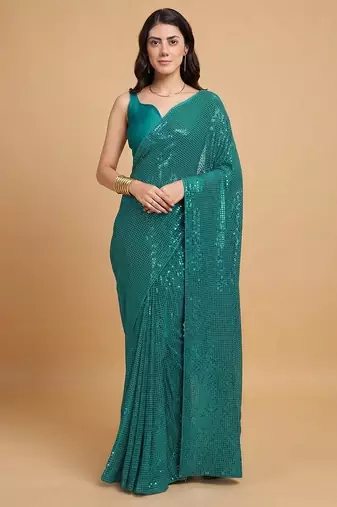 Embellished sequinned  heavy work georgette saree with unstitched blouse