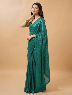 Embellished sequinned  heavy work georgette saree with unstitched blouse 5